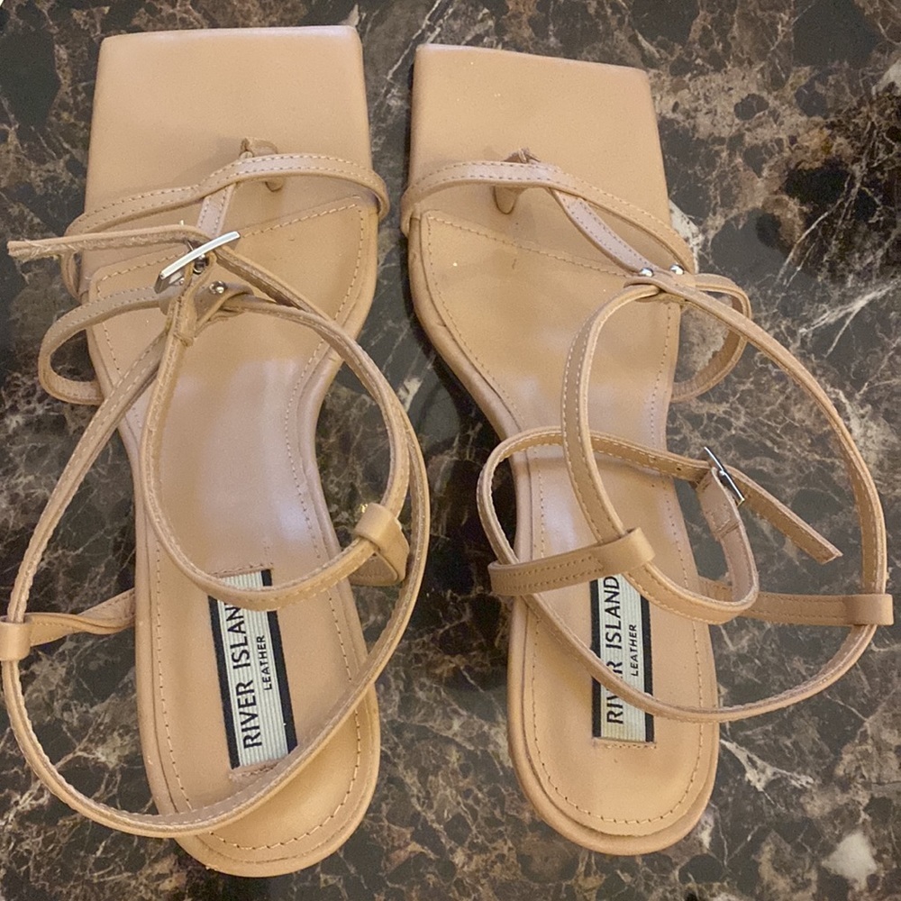 River Island Leather Square Toe Strappy Nude Heel Sandals size 39 - Picture 5 of 9
